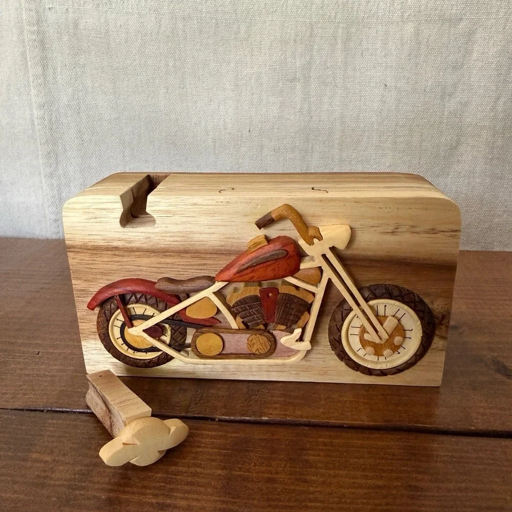 RARE Carver Dan's Hand Carved Harley Davidson Motorcycle Puzzle Trinket Box